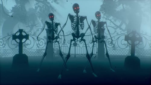 Dancing Skeletons in the Cemetery at Night Skeletons with