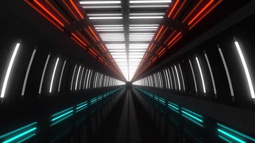 Futuristic neon tunnel, dynamic glowing corridor, modern dark space