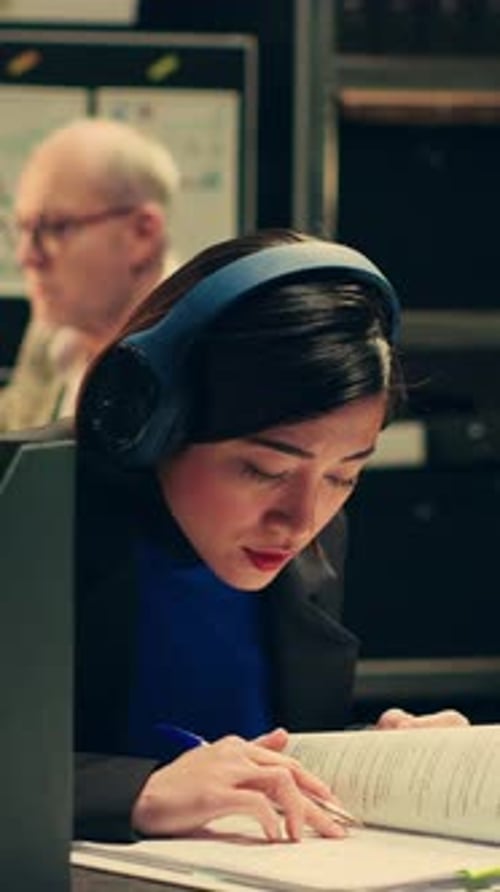 Young Woman Reads and Writes in Modern Office