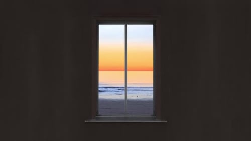 Sea at Sunset Behind the Window of the House