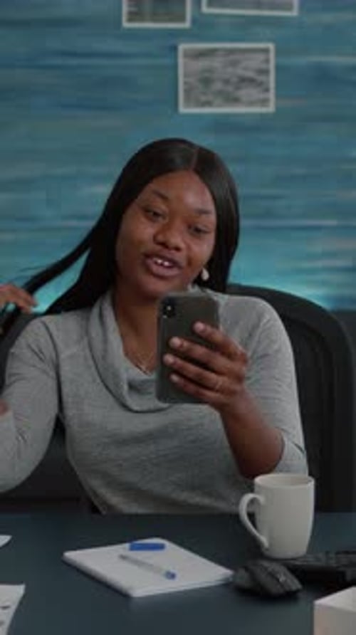 Vertical Video Afro American Student Discussing with Friend Explaining Online School Lesson During