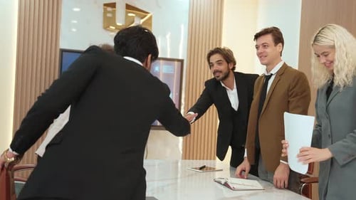Diverse business people greeting and shake hand in ornamented office