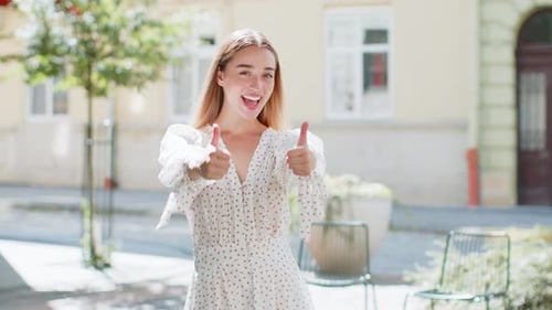 Woman Showing Thumbs Up Like Sign Positive Something Good Positive Feedback in Urban City Street