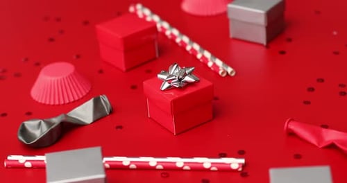 Rotation of Festival Birthday Party Background with Red and Silver Gift Box