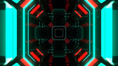 Red And Turquoise Neon Cyber Tunnel Strobes And Microchips Background VJ Loop In 4K