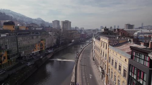 Aerial view of the river Miljacka in Sarajevo and the Ashkenazi Synagogue
