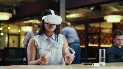 Woman in VR Headset in Modern Office