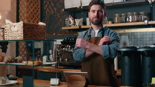 Happy Caucasian Man Guy Barista Working Posing in Cafeteria Owner Crossing Arms Employee Smile