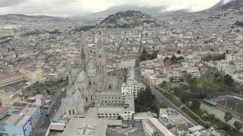 Drone shot of La Basilica del Voto Nacional located in the historic center of Quito, Ecuador. Virgin
