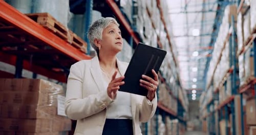 Tablet, warehouse and businesswoman for stock, control and logistics for shipping or delivery