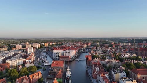 Aerial Drone Video Flying Over the Historic Tourist Center of Gdansk on a Summer Afternoon Poland
