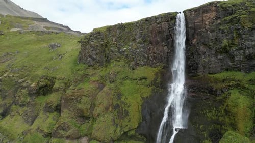Aerial view of bjarnafoss waterfall in scenic landscape, Iceland.