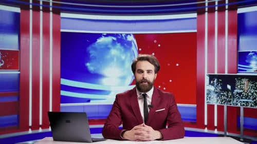 Man in Studio Speaking on TV Broadcast