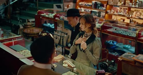 Man Putting Rubies Necklace on His Wife in Jewelry Shop in 19 Century Prores