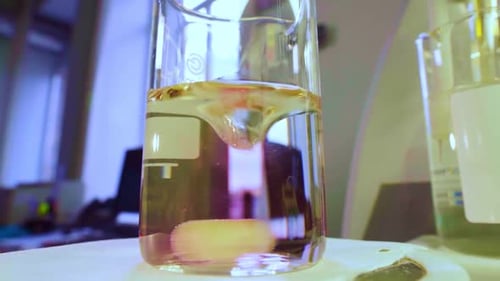 Liquid Being Stirred in Glass Beaker Close Up