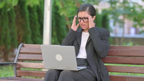 Perplexed Indian Businesswoman Using Laptop on Park Bench