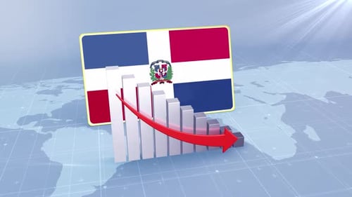 Dominican Republic Flag With Decrease Bar Chart Graph And Arrow Red