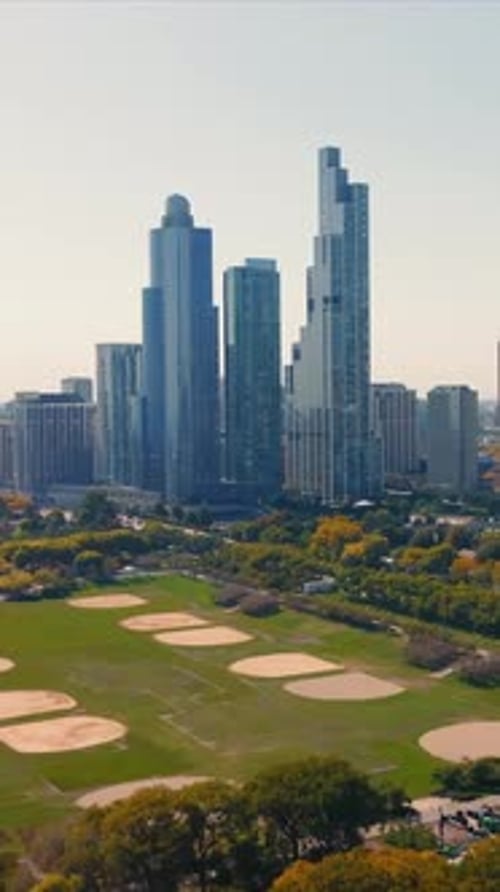 Vista aérea de Grant Park y el horizonte de Chicago Vista aérea que muestra el horizonte de Chicago y Grant Park