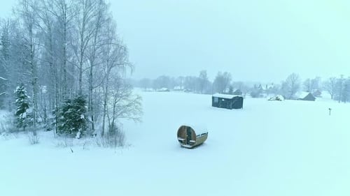 Winter Landscape with Barrel Sauna Aerial View