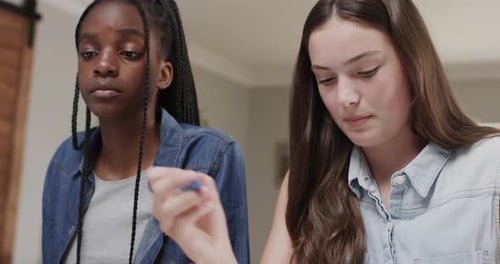 Des amies adolescentes concentrées et diversifiées qui étudient à la maison en utilisant un ordinateur et en parlant