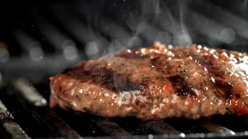 Beef Burger is Fried in a Grill Pan Filmed on a Highspeed Camera at 1000 Fps