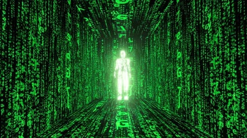 Person in a matrix room made of green characters and symbols, representing Artificial Intelligence