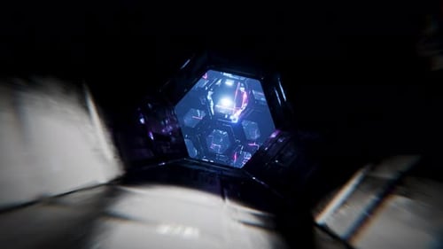 Vol spatial. Boucle VJ. Ralenti à travers des hexagones métalliques dans un motif futuriste
.