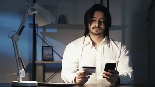 Mobile Banking Office Man Late Work Serious