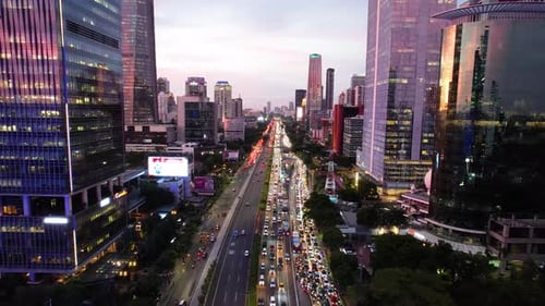 Panoramic cityscape of Indonesia capital city Jakarta at sunset