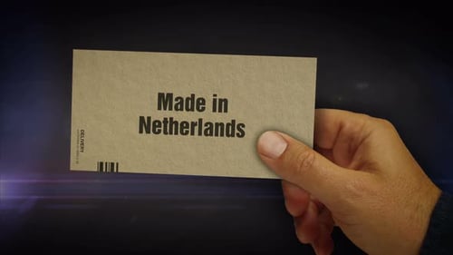 Made in Netherlands box pack in hand abstract concept rendering