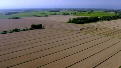 aerial panorama of kilometers filled with agricultural field in the mist