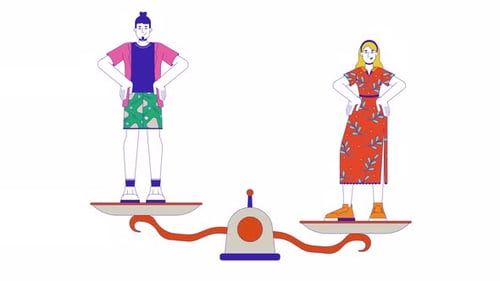 Woman and man balancing on scales line 2D characters animation
