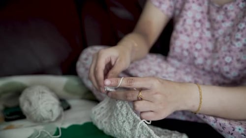 Woman Crocheting at Home, Detailed Close Up