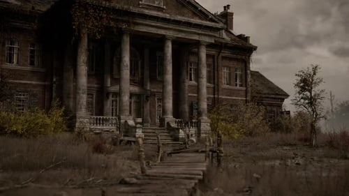 Abandoned Spooky Mansion in Overgrown Desolate Landscape
