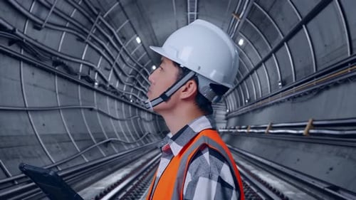 Close Up Side View Of Asian Male Engineer Looking At The Tablet In His Hand In Subway Tunnel
