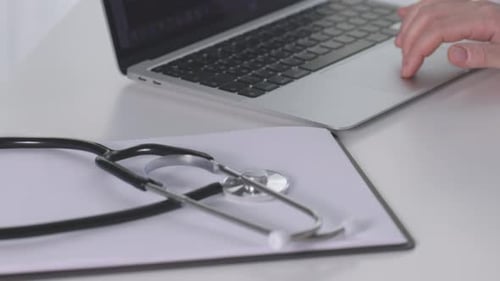 Doctor Table Desk Hands Using Laptop Hospital Clinic Office Touching Touch Pad
