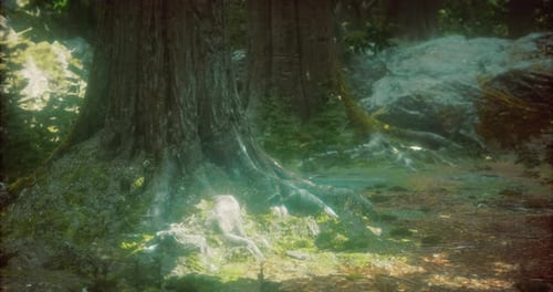 Enchanting Forest Glade with Sun Dappled Shadows Illuminating Ancient Trees