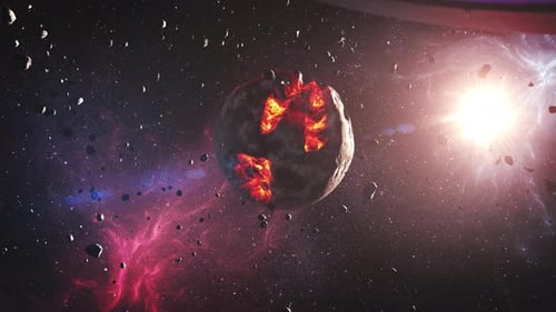 Futuristic Spaceship Flies Past Cracked Planet in Deep Space