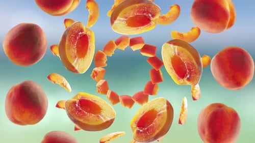 Flying Peach and Peaches Slices in Beach Tropical Summer Background