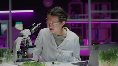 Female Biologist Analysing Plant Cells under Microscope and Using Laptop in Lab