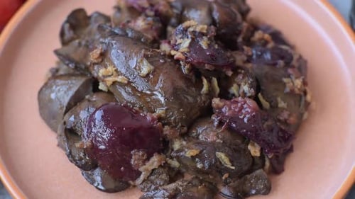 Chicken, duck, or goose liver with plums, onions, and spices. Chicken liver