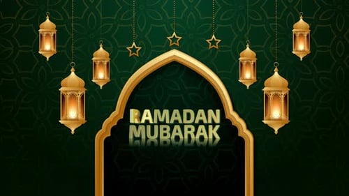Elegant Ramadan Mubarak Title Animation with Golden Arch and Lanterns