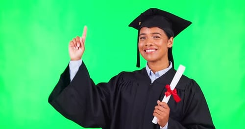 Woman graduate, face and green screen with point for choice, presentation and smile in mockup
