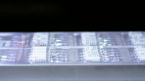 Medical Ampoules on Conveyor Belt. Pharmaceutical Vials on Production Line. Close Up