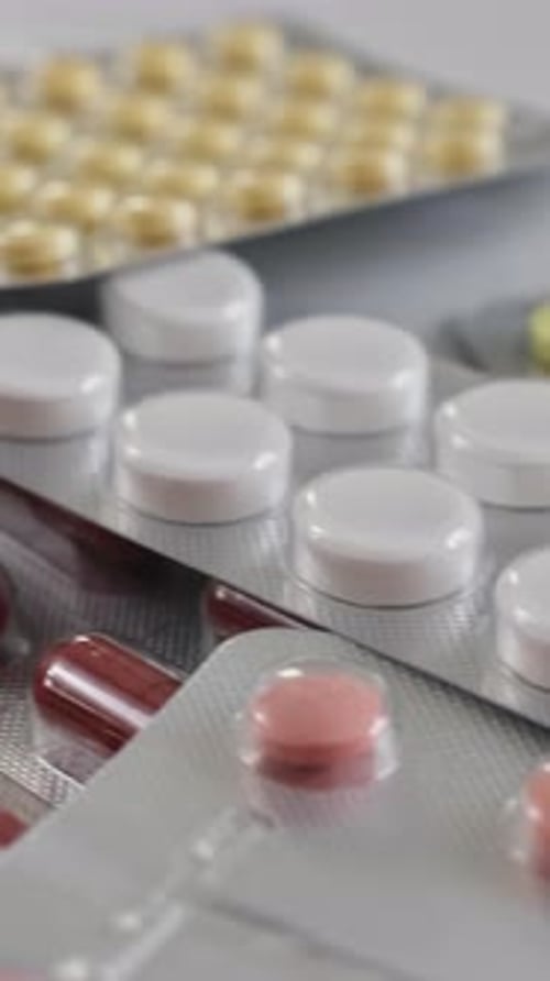 Colorful Pills in Blister Packs Close Up