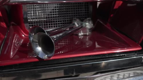 Details Red Retro Car Close Up Signal Pipes Old Fashioned Polished Shiny Auto