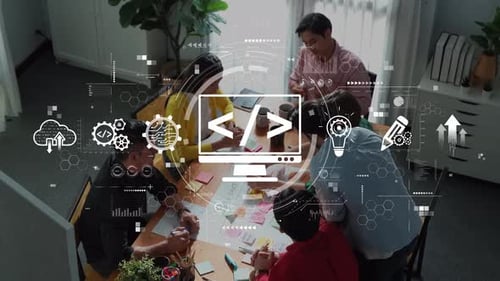 Réunion d'équipe collaborative avec des éléments de technologie numérique, espace de travail créatif avec des processus diversifiés