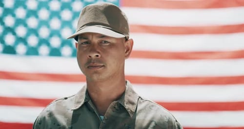 Man In Military Uniform In Front of USA Flag