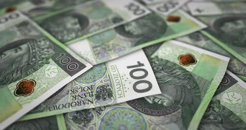 Poland Zloty 100 banknote flying over money surface