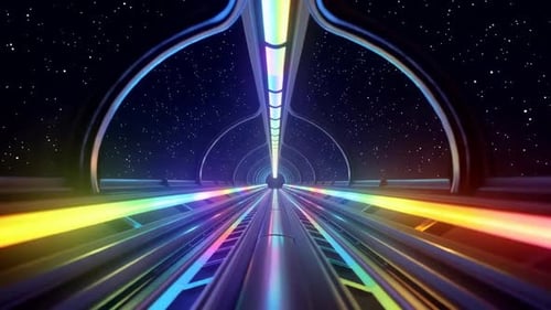 Animation futuriste d'un tunnel spatial au néon arc-en-ciel avec un L en mouvement